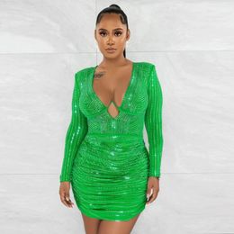 Casual Dresses Glitter Green Rhinestones Hem Mesh Dress For Women Glam Long Sleeve Corset Sequins Party Robe Celebrities Outfits