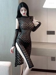 Casual Dresses Fashion 2024 Elegant Charm Mature Hollow Out Gentle Hhollow Dress Sexy Mesh High Split Lace Sleeve EGSI