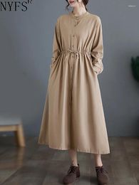 Casual Dresses NYFS 2024 Autumn Korean Womens Vestidos Robe Elbise Loose Plus Size Cotton Linen Solid Drawstring Long