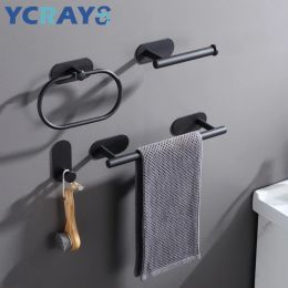 Set YCRAYS No Drilling Black Bathroom Accessories Sets Toilet Tissue Roll Paper Holder Towel Rack Bar Rail Ring Robe Hook Hardware