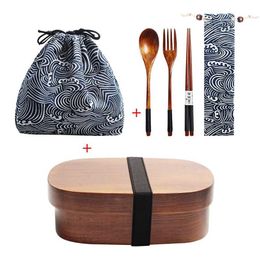 Bento Boxes Wooden lunch box picnic Japanese bento school childrens dinner set with pockets and spoon forks round square Q2404271