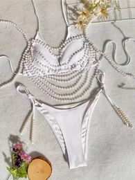 Women's Swimwear With Pearls Chains Halter High Cut Bikini Female Swimsuit Women Three-pieces Set Bather Bathing Suit Swim K5532