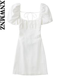 XNWMNZ women white fashion linen blend dress female square neck short puff sleeves backless crossover straps for womens 240424