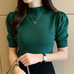 Women's Blouses Shirts Womens Korean Puff Slave knitted shirt half turtle neck ultra-thin vest casual shirt summer fashion new in 2024 18848 Y240426