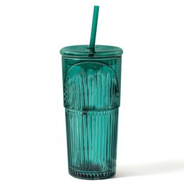 Dark Green Coffee Glass Cups Straw Tumblers Classic Cold Water Drink Bottles Ice Sipper 550ml Capacity With Lids Mugs Drinkware Summer Wine Juice Tea Drinking Ware