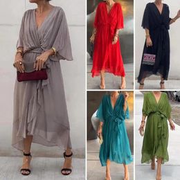 Party Dresses Spring V Neck Loose Long Irregular Dress Women Sexy Lace-up Pleated Bohemian Summer Batwing Sleeve Solid A-Line Maxi