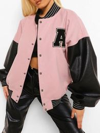 Women Clothes Fashion Casual Patchwork Button Up Crop Bomber Varsity Jackets Coat Women Winter Baseball Jacket 240428