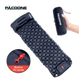PACOONE Outdoor Camping Sleeping Pad Inflatable Mattress with Pillows Ultralight Air Mat Builtin Inflator Pump Travel Hiking 240416