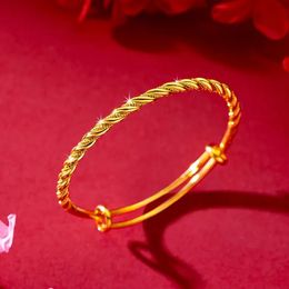 18K Gold Pure Yellow Bangles 999 Adjustable Fried Dough Twist Luxury Women Wedding Trendy Party Jewelry Bracelets 240424