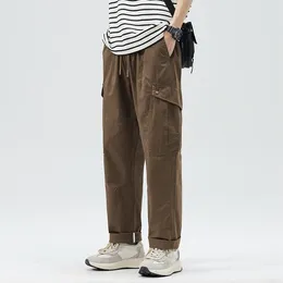 Men's Pants 2024 Spring Summer Men Straight Cargo Multi-Pockets Drawstring Waist Cotton Casual Male Loose Trousers