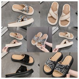 2024 Luxury Designer Thick soled cross strap cool black slippers for women to wear Exquisite sequin sponge cake sole one line trendy slippers