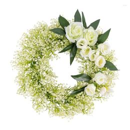 Decorative Flowers White Rose Wreath Artificial Spring Front Door For Garden