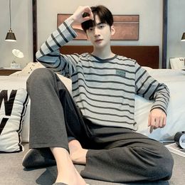 Mens Pyjamas Cotton Long Sleeved Pants Set Simple and Loose Fitting Casual Youth Home Wear in Spring Autumn Winter 240428