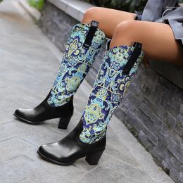 Boots Plus Size Floral Fabric Patchwork Pu Ethnic Paisley Patterned Zipper Knee High With Thick Plush Lining For Women's