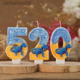 Candles Dinosaur Birthday Candle 1 Year Glitter Blue Yellow Number Candle Happy Birthday Candle Animal Theme Party Decoration d240429