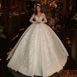 2024 Sparkly Ball Gown Arabic Dubai Wedding Dresses V-neck Long Sleeves Lace Sequins Bride Formal Gowns Robe Mariage Vestidos De Novia Customed
