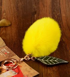 Luxury 4*7cm Rabbit Fur Pompom chain ring Shape Yellow Lemon Bag Charm y Pendant chains Key holder For Women Gif7455288