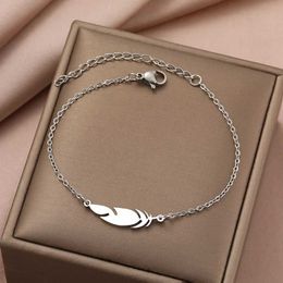 Chain Stainless Steel Bracelets Classic Simple Feather Design Pendant Chains Fashion Charms Bracelet For Women Jewellery Party Male Gift