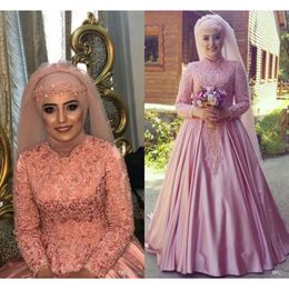 Lång muslimsk rosa brud ärmar bröllopsklänningar klänning spets applikation pärlstav satin svep tåg plus storlek anpassad skopa hals vestido de novia