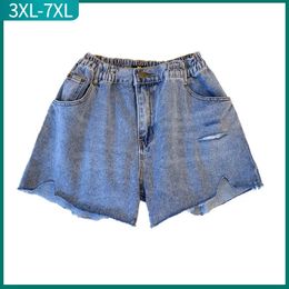 2023 Ladies Summer Plus Size pants For Women Large Loose Blue Cotton Hole Pocket Denim Shorts 3XL 4XL 5XL 6XL 7XL 240420