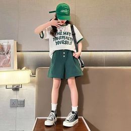 Children Clothing Items Summer Color Block Sports Suit Letter Tshirt Quarter Pants Korean Style Twopiece Set 240426