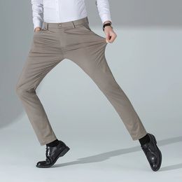 Mens Slimfit Stretch Suit Pants Outdoor Windproof Solid Color Ice Silk Slacks Sophisticated Summer Comfortable 240428