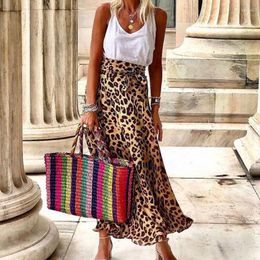 Skirts Women Fashion Leopard Print Holiday 2024 Summer Casaul Loose Hem Long Skirt Elegant Hight Waist Tie-up Draped Party