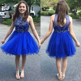 Blue Hollow Dresses Short Homecoming Royal 2021 Back Tulle Beaded Crystals Custom Made Above Knee Mini Tail Party Gown