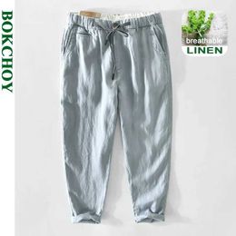 Men's Pants Spring/Summer New Mens Pure Linen Cargo Ship Casual Thin Mid Waist Drawn Breathable Rope Loose GA-Z354 Q240429