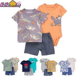 Baby boy summer clothing set 100% pure cotton fashionable baby clothing tight pants 3-piece cartoon childrens clothing set 240429