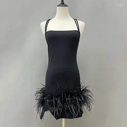 Casual Dresses Lady Fashion Feather Dress Y2K Dark Style Braces Skirt 2024 Sleeveless Backless Strap S5576