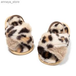 Sandals Baywell Baby Girls Leopard Plush Sandals Artificial Fur Sliding Sandals Newborn Non Sliding Shoes Indoor and Outdoor Baby Sliding Shoes 0-18ML240429