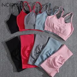 NORMOV Two Piece Workout Set Solid Yoga Set Seamless Tracksuit Woman Booty Sports Shorts Push Up Peach Buttocks Gym Shorts 240429