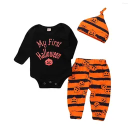 Clothing Sets Toddler Girl Clothes Helloween Lettered Romper Pumpkin Printed Striped Trousers With Hood Kids Boutique Festival