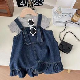 Clothing Sets 6M-5T Baby Girl's Denim Suspender 2piece Set Fashion Summer Grey O-neck T-shirt Deep Blue Ruffles Hem Skirt