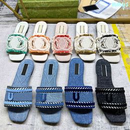 Light Blue Denim Slides Designer Women Slide Casual Flat Shoes G Sandals Mules Weaving Luxury Sandale Summer Beach Sole Vintage Slippers