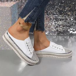 Casual Shoes Crystal Sneakers Slippers Platform Half Women Summer Couple Bling Mules Crystals Lace-up Slides Plus Size 42 43