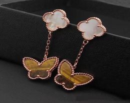 Top brass materialflower butterfly shape dangle earring with nature black agate and tiger stone for women and girl friend jewelry9625797