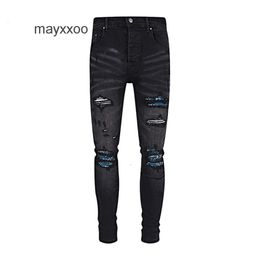 Purple Jean Amiiris Designer Jeans Męs Mash Mens Nerrwerom Blossom Patch Street Trendy Fit Mała stopa perforowana gwu0