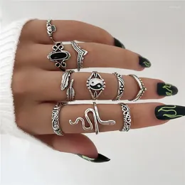 Cluster Rings HI MAN 10 Pcs/Set Vintage Yin Yang Figure Snake Feather Oval Geometric Ring Women Classic Charm Bohemian Jewellery