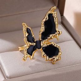 Wedding Rings Black Butterfly Stainless Steel Ring for Women Gold Colour Open Finger Rings New Female Waterproof Jewellery Fashion Accessories