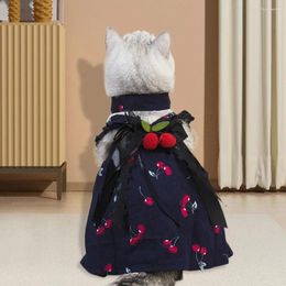 Dog Apparel Pretty Cotton Fur Ball Decoration Easy-wearing Cherry Print Pet Dogs Cats Princess Dress With Necktie Cat Skirt Up