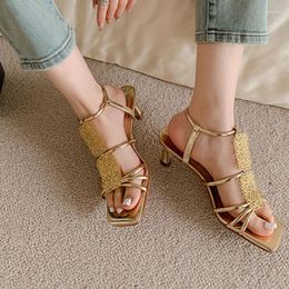 Dress Shoes French Retro Slim High Heels Sandals 2024 Spring/summer Square Toe Open Shiny Leather Buckle Fashion Women's