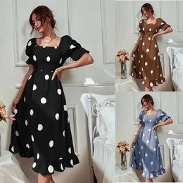 Basic Casual Dresses Women Dot Pattern Dress Square Neck Dress Puff Slve High Waisted Fold Flounce Dress Casual Strt Style Women Dress Y240429