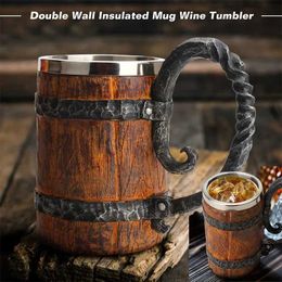 Mugs Viking Wood Style Beer Cup Christmas Gift Simulation Wooden Bucket Beer Cup Double Wall Beverage Cup Metal Insulation J240428