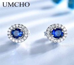 UMCHO Real 925 Sterling Silver Jewellery Round Rich Colour Nano Sapphire Stud Earrings Gemstone Luxury Bride Gift For Women 2106166322802