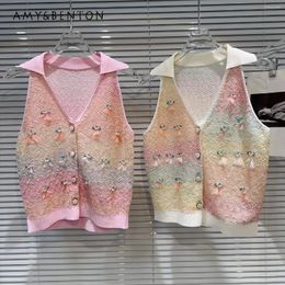 Women's Knits 2024 Summer Dopamine Girl Sweet Temperament Pearl Sequins Gradient Knitted Cardigan Fashion Lapel Sleeveless Vest Cardigans