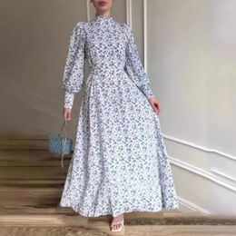 Casual Dresses Women Dress Floral Print Long Party Mock Neck Sleeve Loose Muslim High Waist Elegant Splice A Line Vestidos