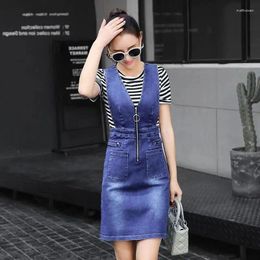 Work Dresses Women's Suit 2024 Spring Summer Korean Style Denim Strap Dress Mid Length Slim Fit A-line Skirt White Crop Top Two Piece Set