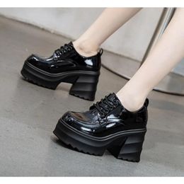 Dress Shoes Women Platform Square Heels Leather Lace-up Oxford Party Role Play Uniform Woman Fashion High